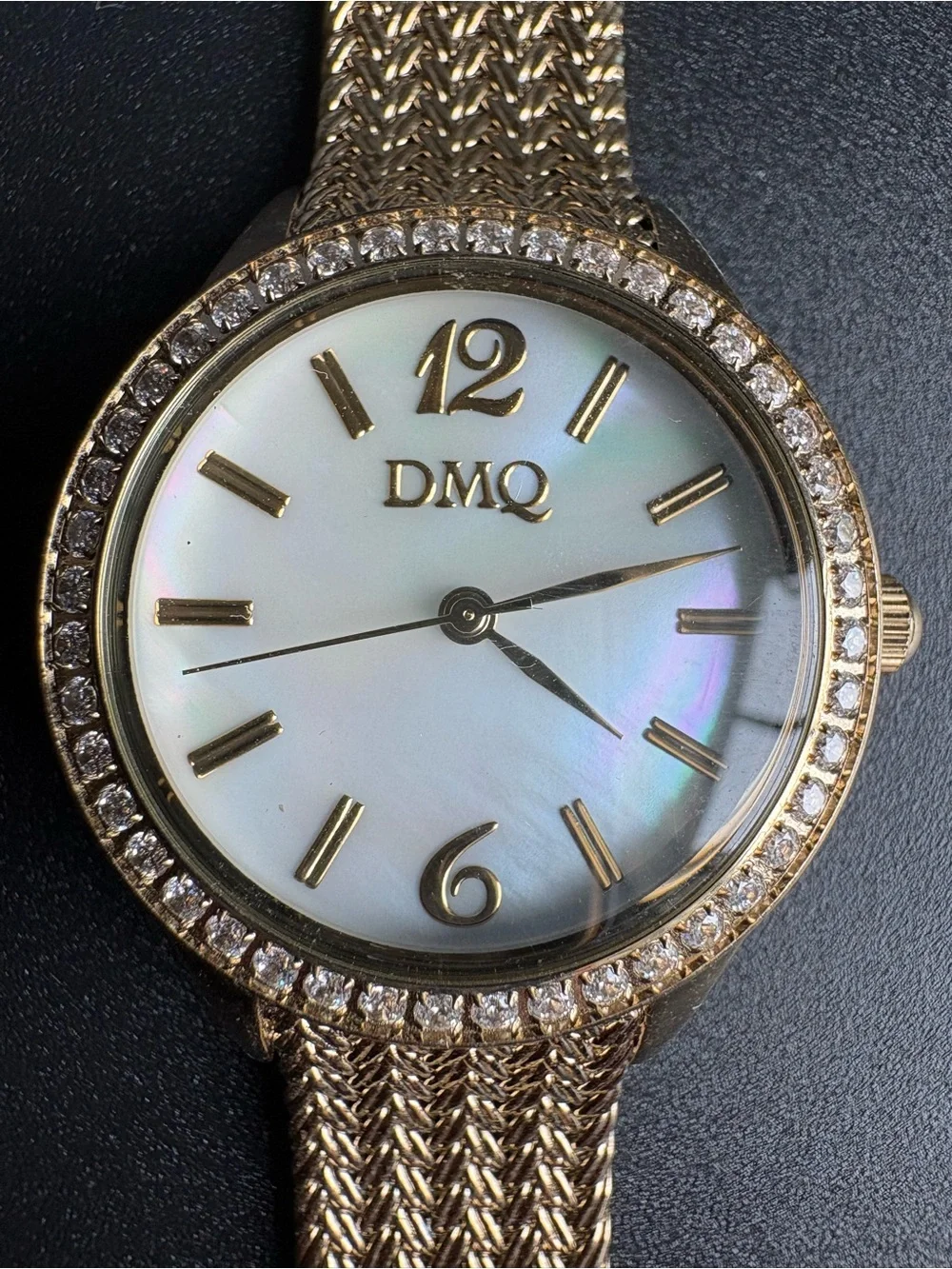 Women's Gold Mesh Bracelet Watch with Rhinestone Bezel